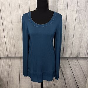 White House Black Market Women Medium Blue Long Sleeve Trim Tunic w/ Ruffles NWT